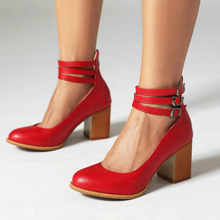 Women's Block Heel Sandals with Triple Ankle Buckle Straps and Adjustable Fit