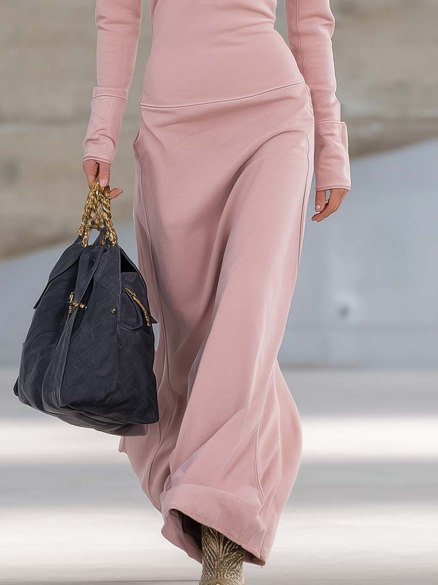 Pink V-Neck Maxi Dress with Front Zipper and Long Sleeves, Fitted Sporty Style