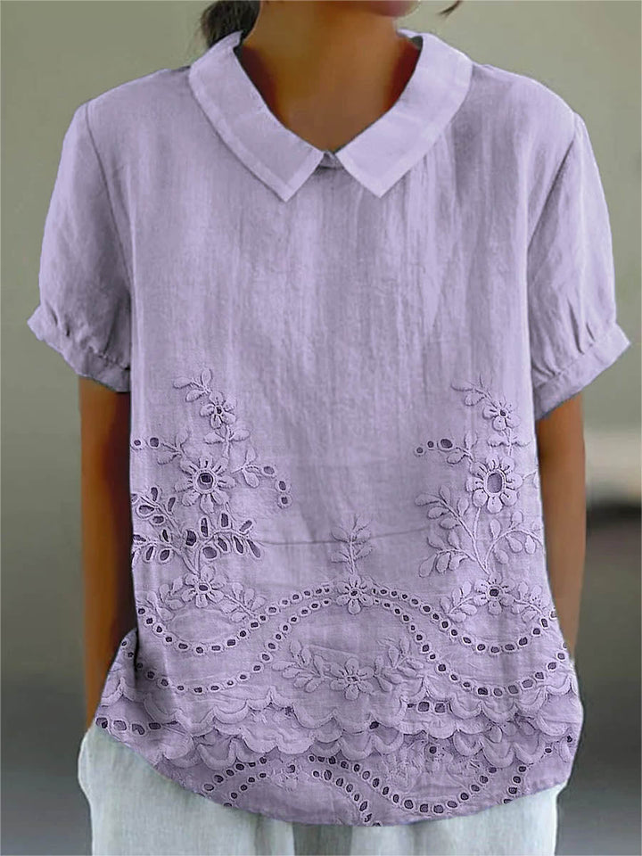 Soft Pink Shirt with Floral Embroidery at Hem and Cotton Linen Blend