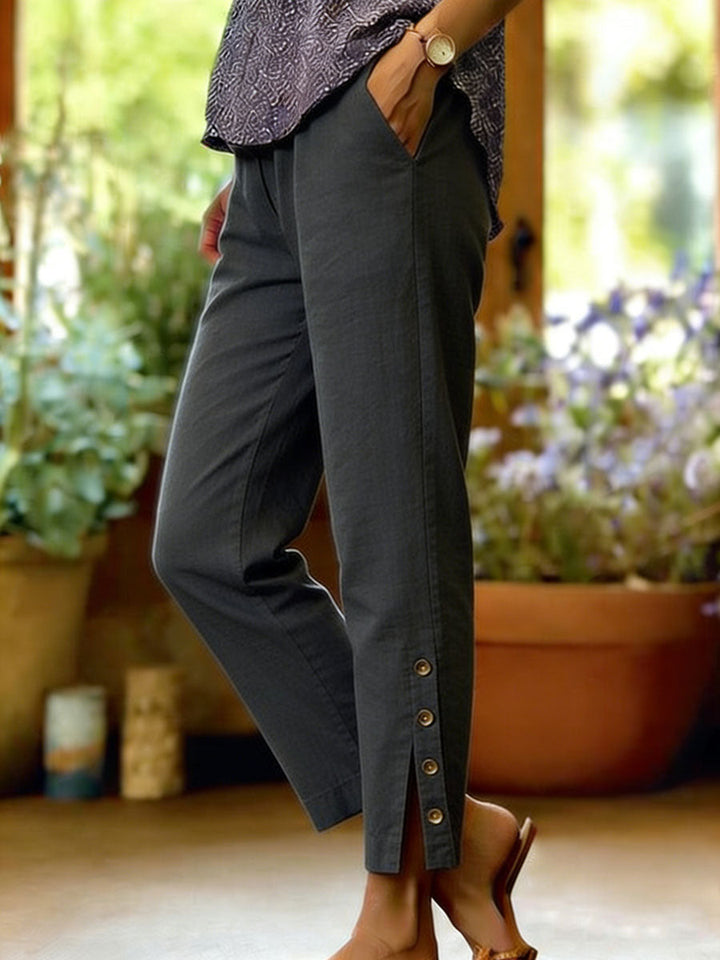 Tapered Ankle Trousers with Button Detail and Side Pockets