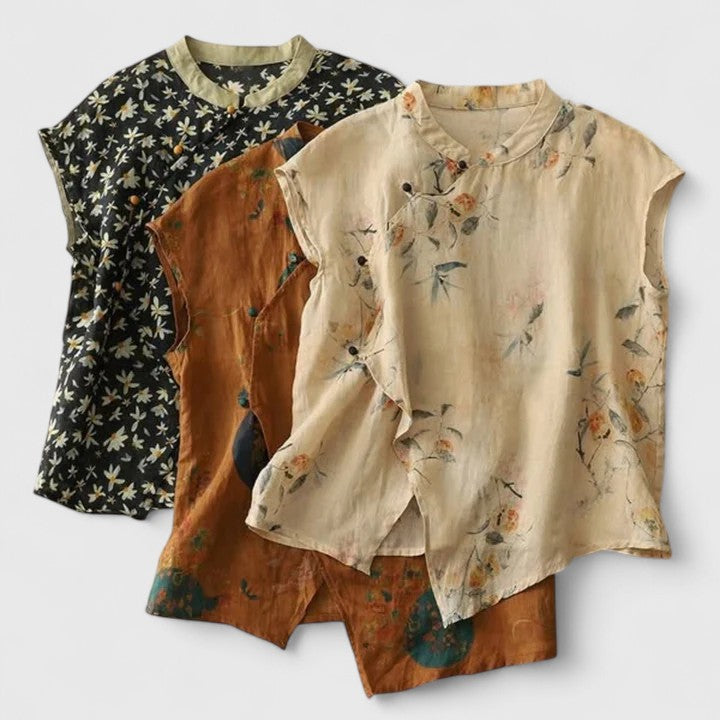 Sleeveless Top with Stand Collar and Asymmetrical Hem, Vintage-Inspired Print