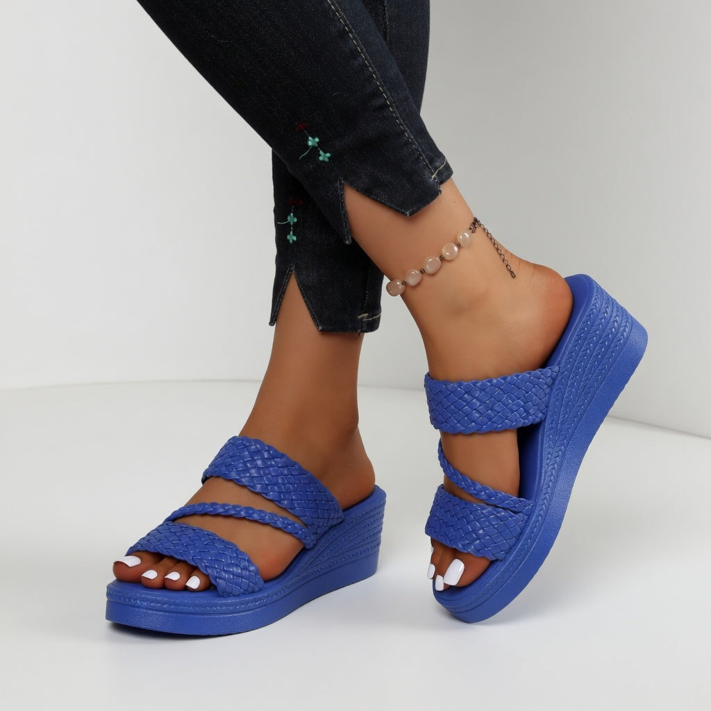 Woven Wedge Mule with Open-Toe Design and Slip-On Access, Multiple Colors