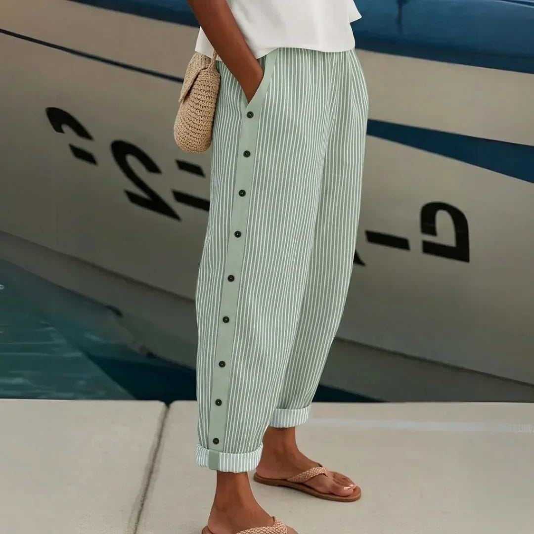 Vertical Striped Button-Front Pants with High-Rise Waist and Tailored Fit