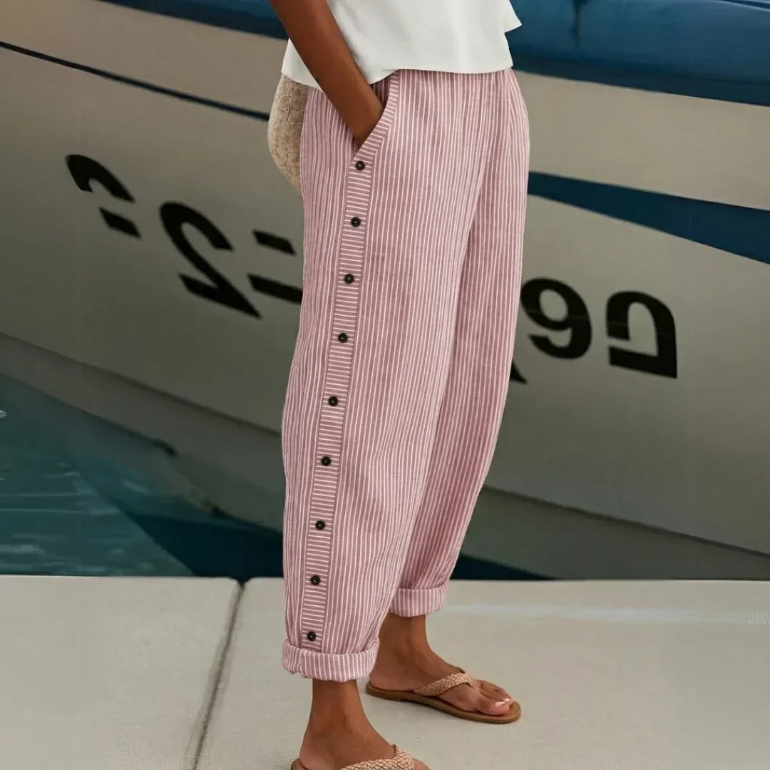 Vertical Striped Button-Front Pants with High-Rise Waist and Tailored Fit