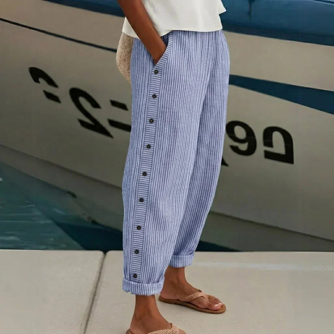 Vertical Striped Button-Front Pants with High-Rise Waist and Tailored Fit