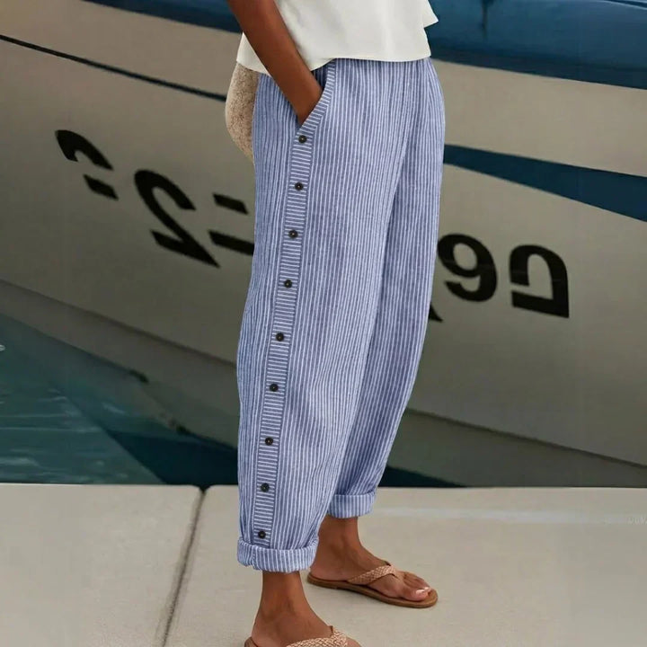 Vertical Striped Button-Front Pants with High-Rise Waist and Tailored Fit