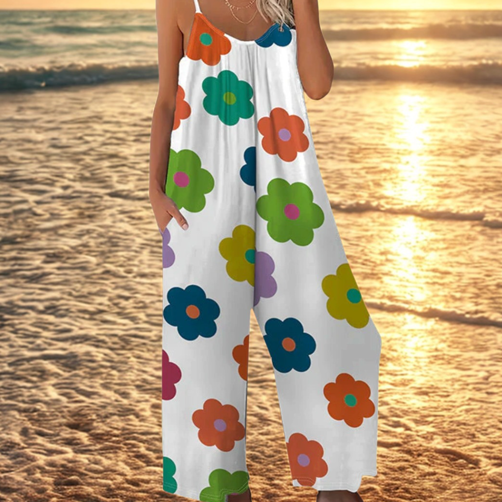 Women's Floral Jumpsuit with Fitted Bodice and Wide-Leg Design, Adjustable Straps