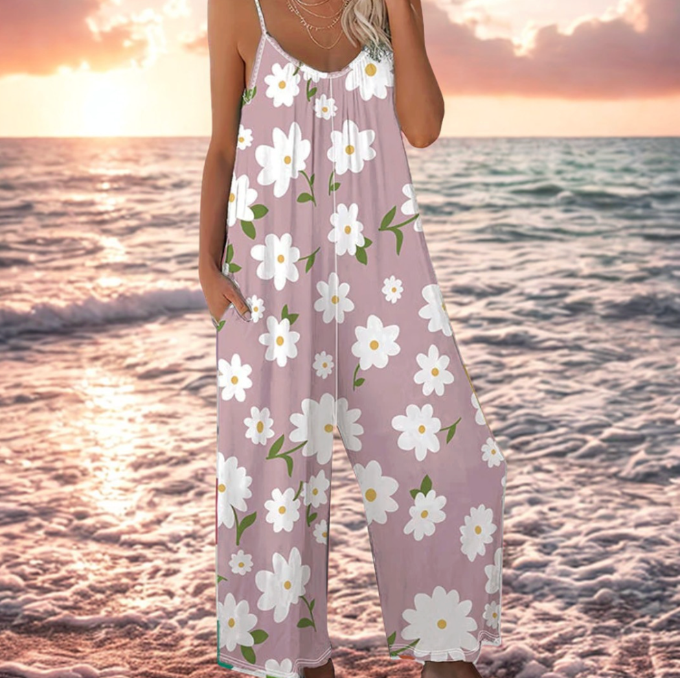 Women's Floral Jumpsuit with Fitted Bodice and Wide-Leg Design, Adjustable Straps