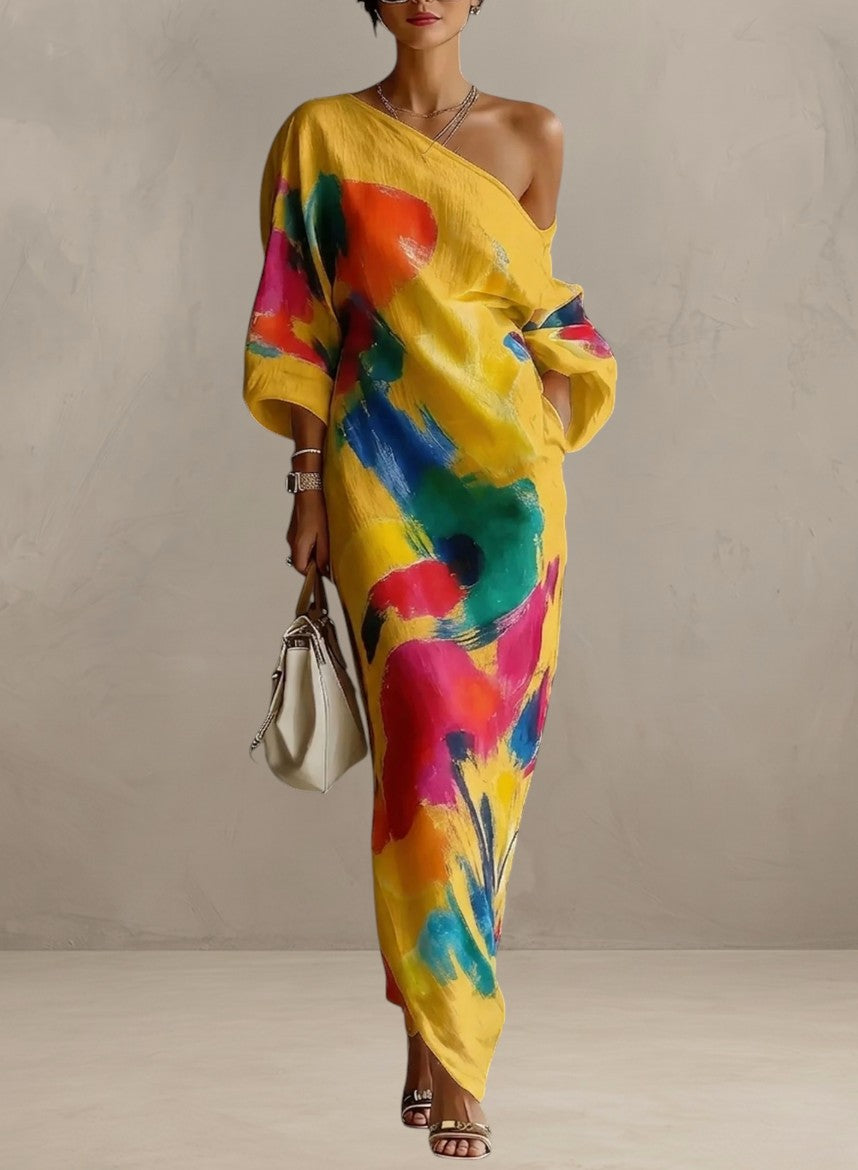 Asymmetric One-Shoulder Maxi Dress with Abstract Artistic Print