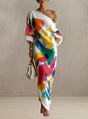 Asymmetric One-Shoulder Maxi Dress with Abstract Artistic Print
