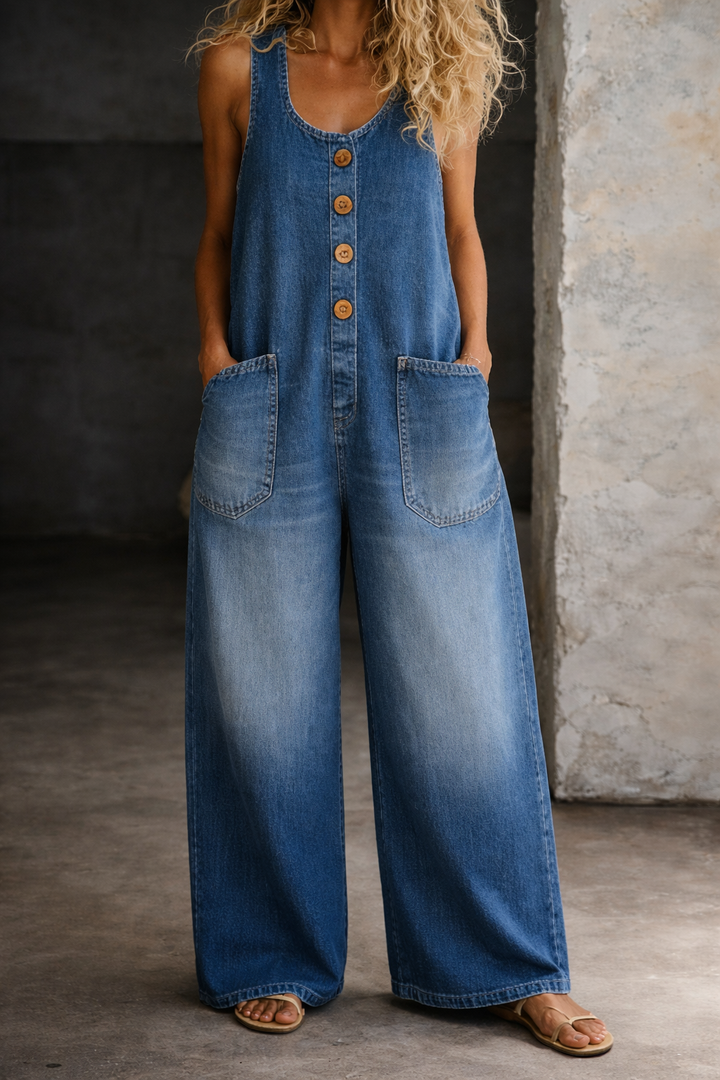 Sleeveless Denim Dress with Square Neckline and Side Pockets
