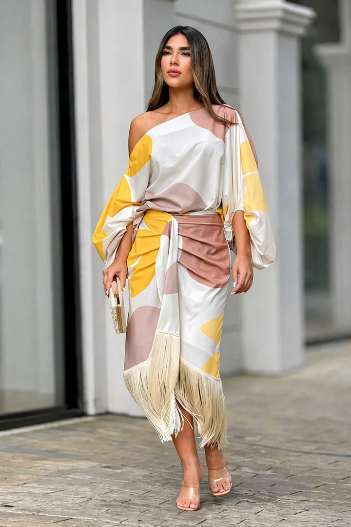 One-Shoulder Fringe Top and Pants Set for Evening Wear