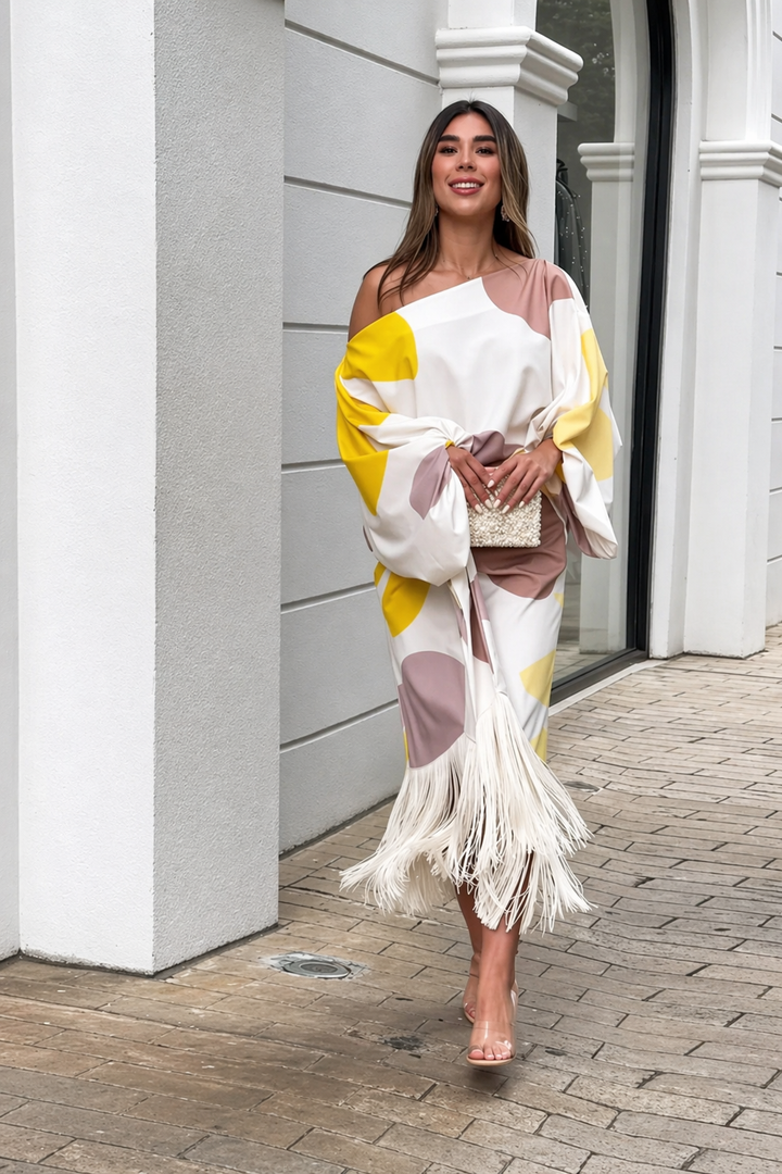 One-Shoulder Fringe Top and Pants Set for Evening Wear