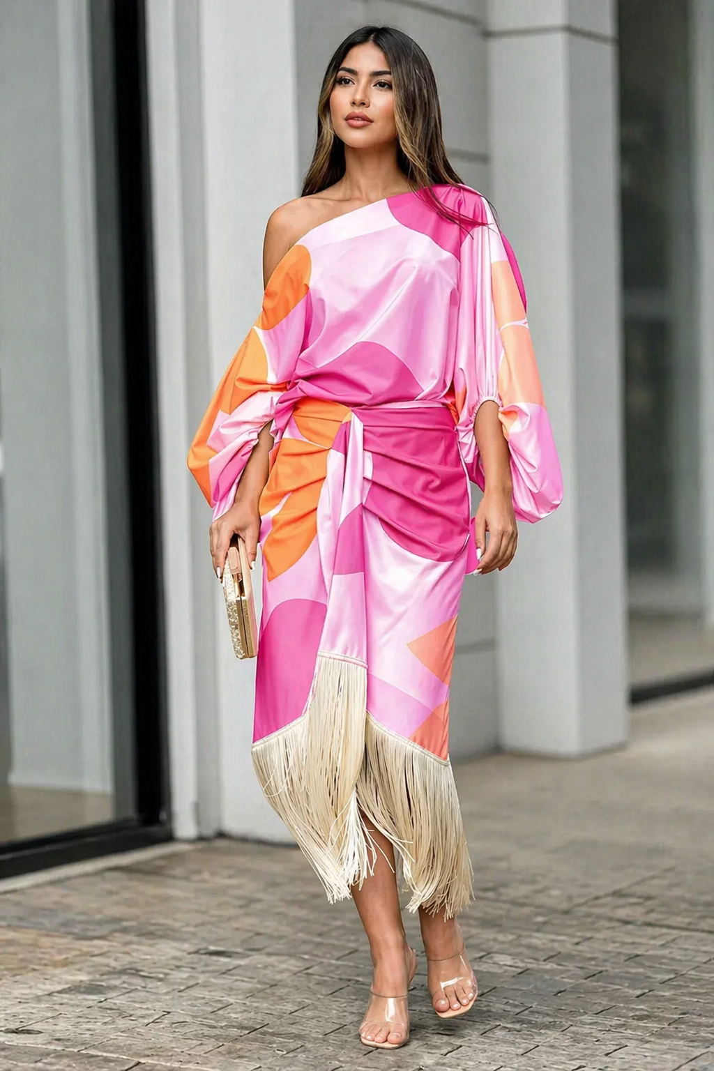 One-Shoulder Fringe Top and Pants Set for Evening Wear