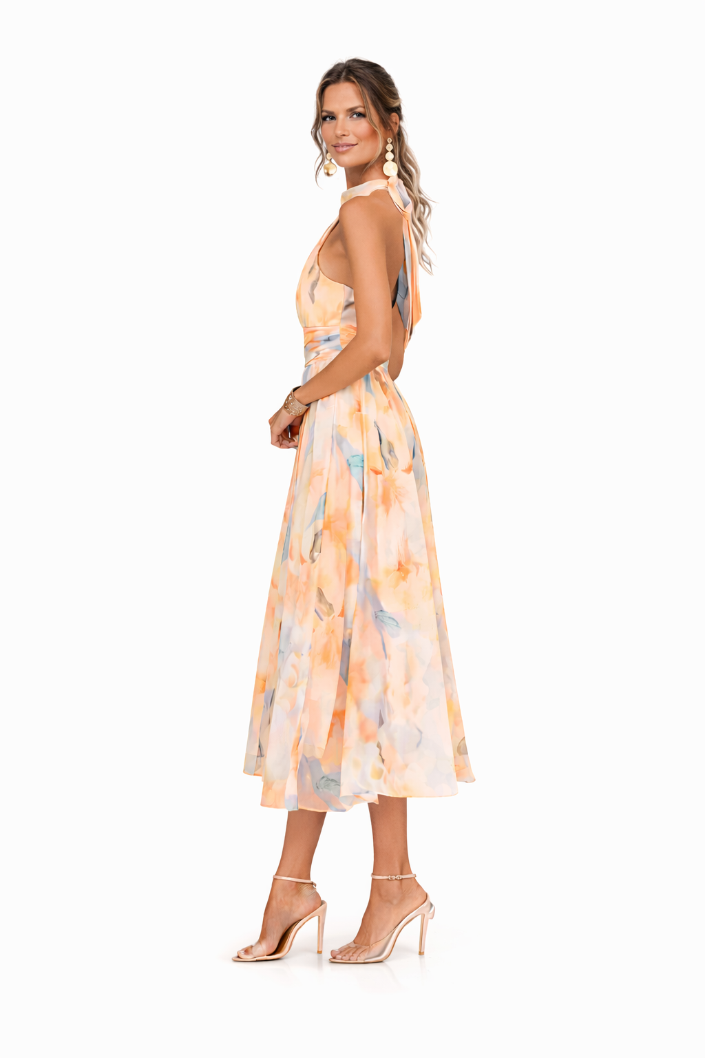 Halter Neck Maxi Dress with Watercolor Print and Flowing Silhouette