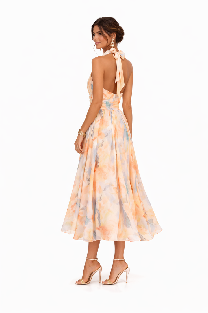 Halter Neck Maxi Dress with Watercolor Print and Flowing Silhouette