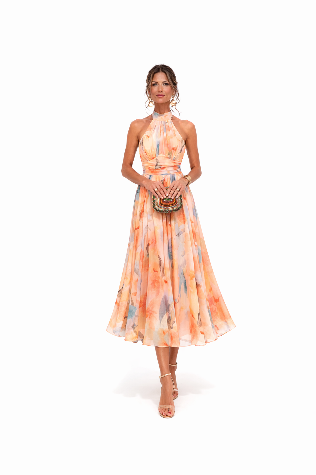 Halter Neck Maxi Dress with Watercolor Print and Flowing Silhouette
