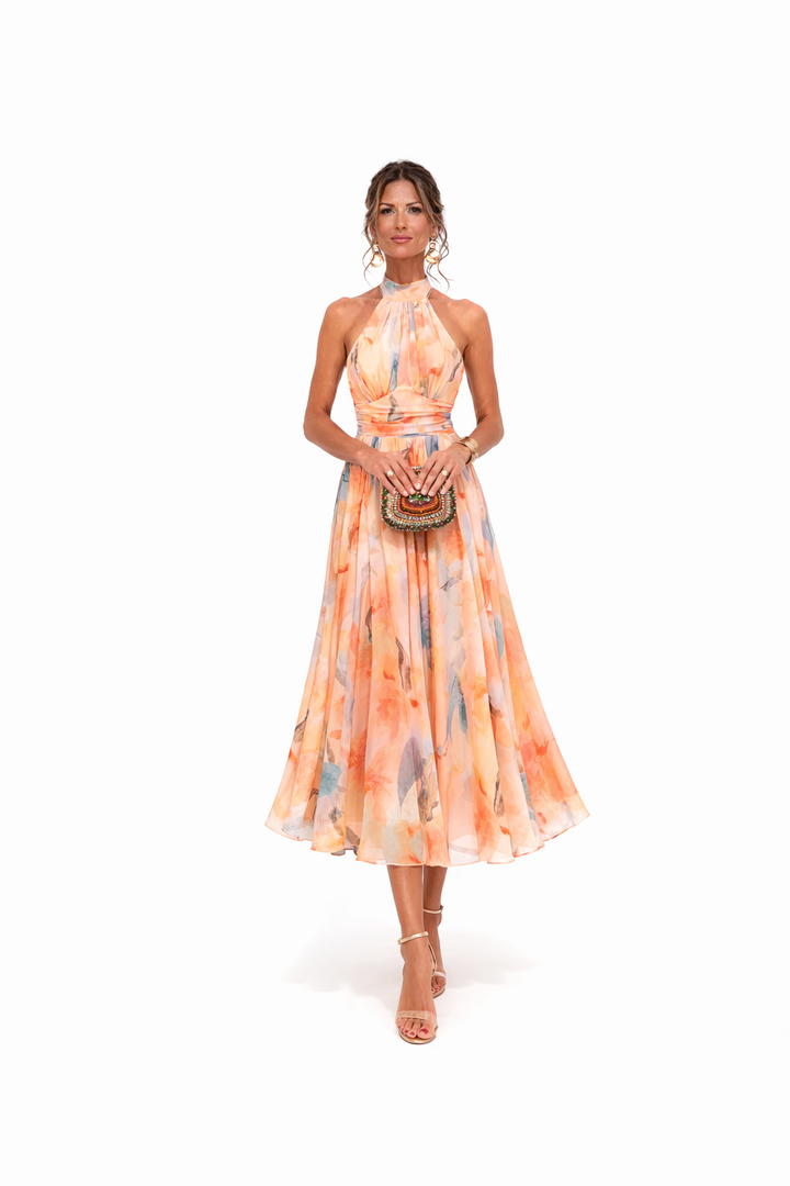 Halter Neck Maxi Dress with Watercolor Print and Flowing Silhouette