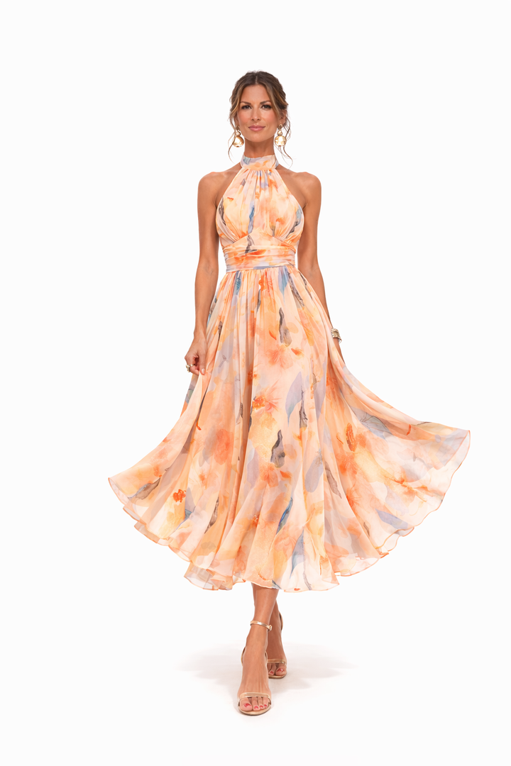 Halter Neck Maxi Dress with Watercolor Print and Flowing Silhouette