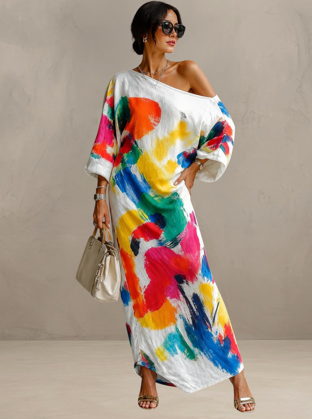 Asymmetric One-Shoulder Maxi Dress with Abstract Artistic Print