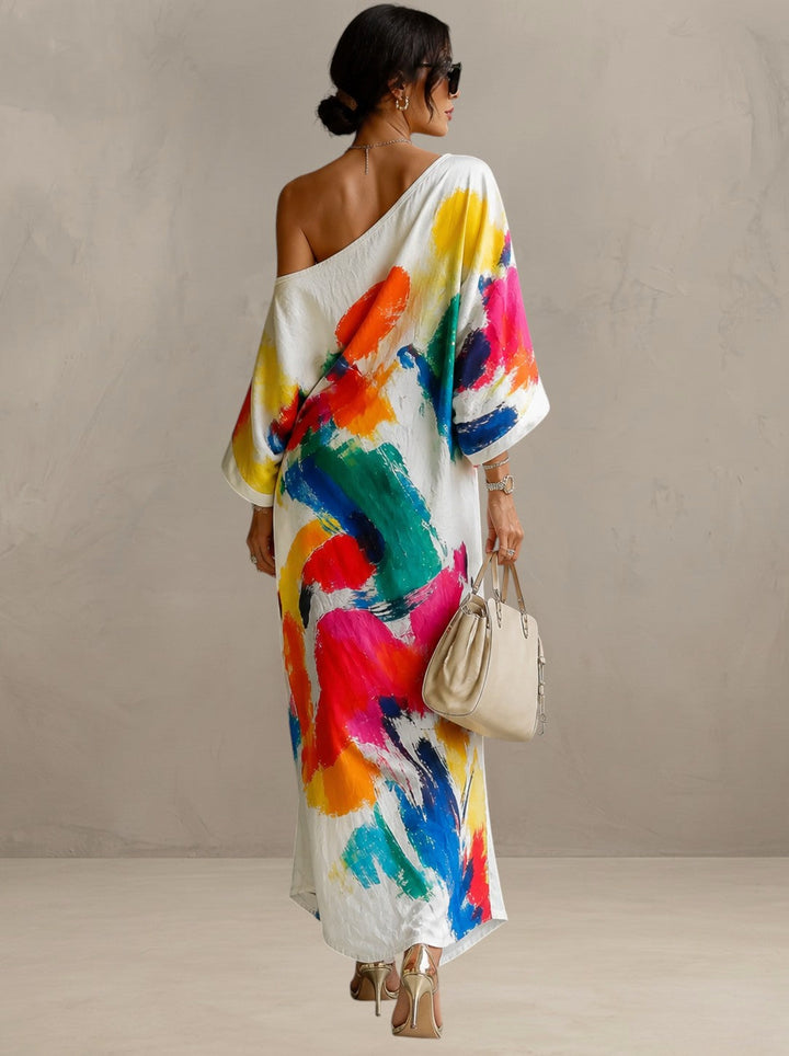 Asymmetric One-Shoulder Maxi Dress with Abstract Artistic Print