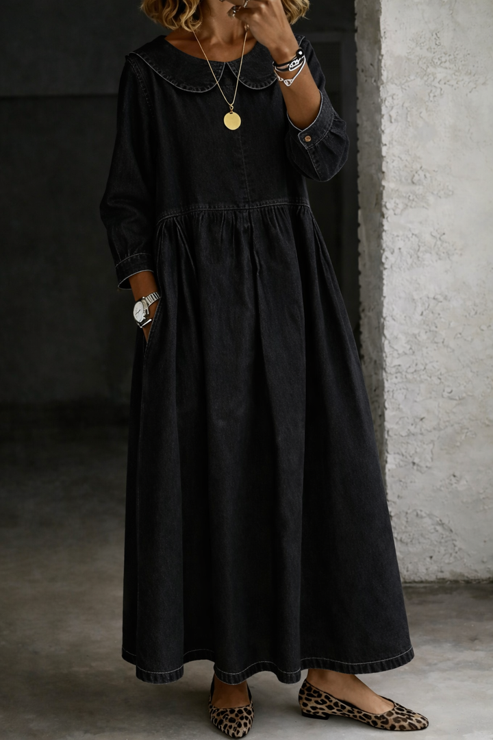 Women's Casual Dress with Peter Pan Collar and Relaxed Fit