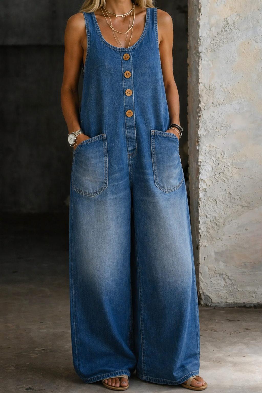Sleeveless Denim Dress with Square Neckline and Side Pockets