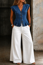 Sleeveless V-Neck Denim Top with Pleated Accents and Tailored Silhouette