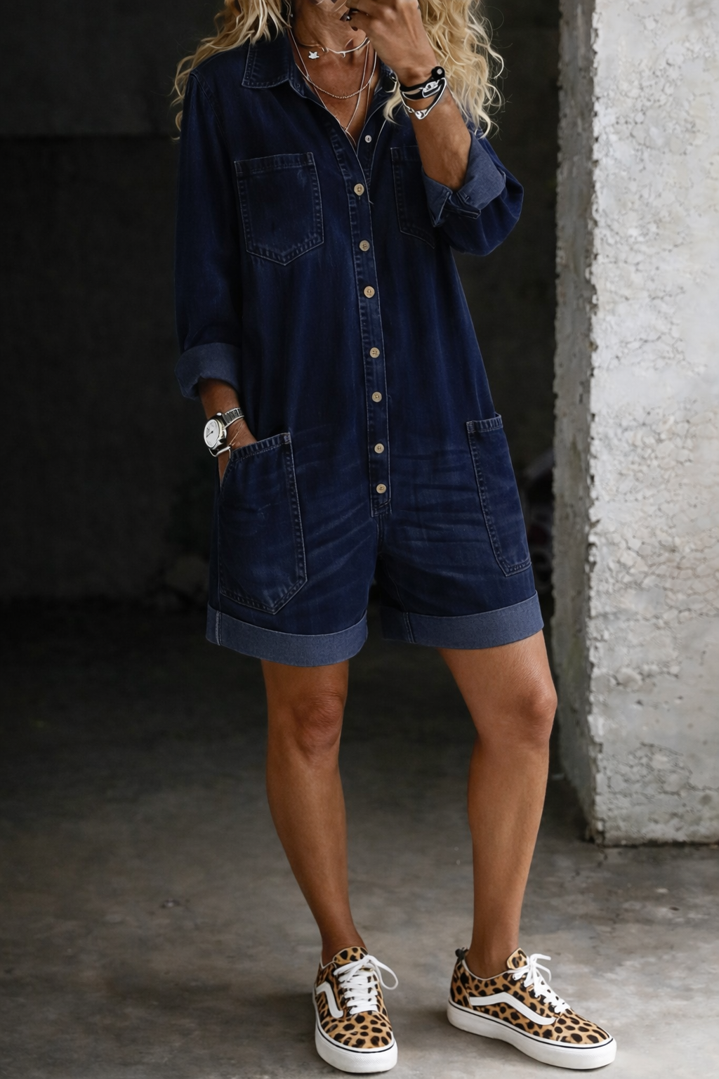 Casual Denim Jumpsuit Shorts with Patch Pockets and Cropped Legs