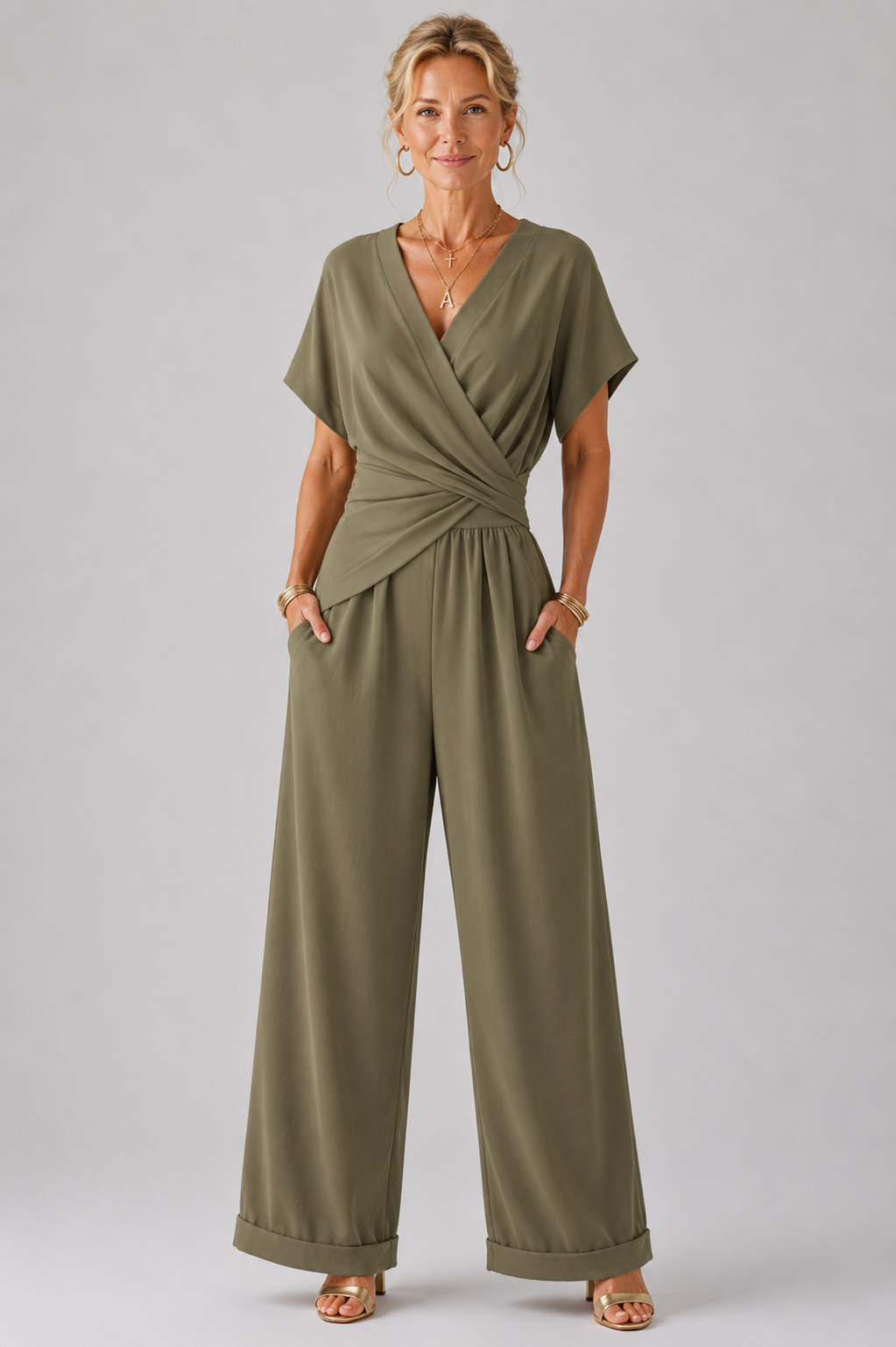 Wrap-Front Top and Cropped Pants Set with Breathable Fabric