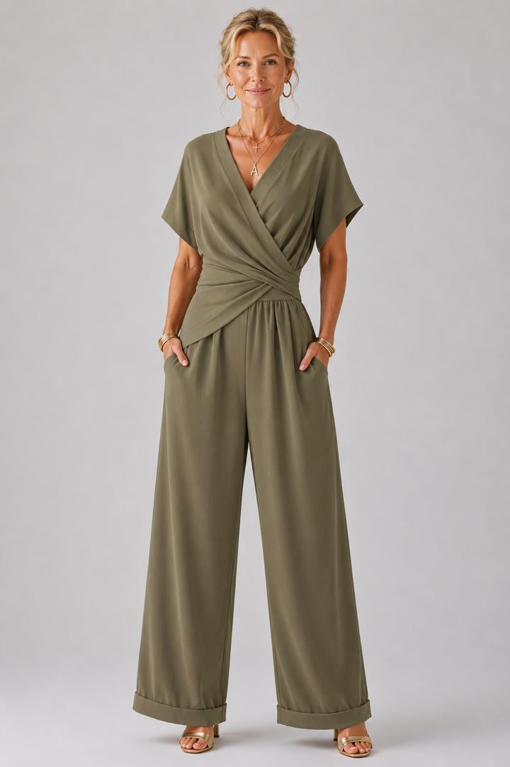 Wrap-Front Top and Cropped Pants Set with Breathable Fabric