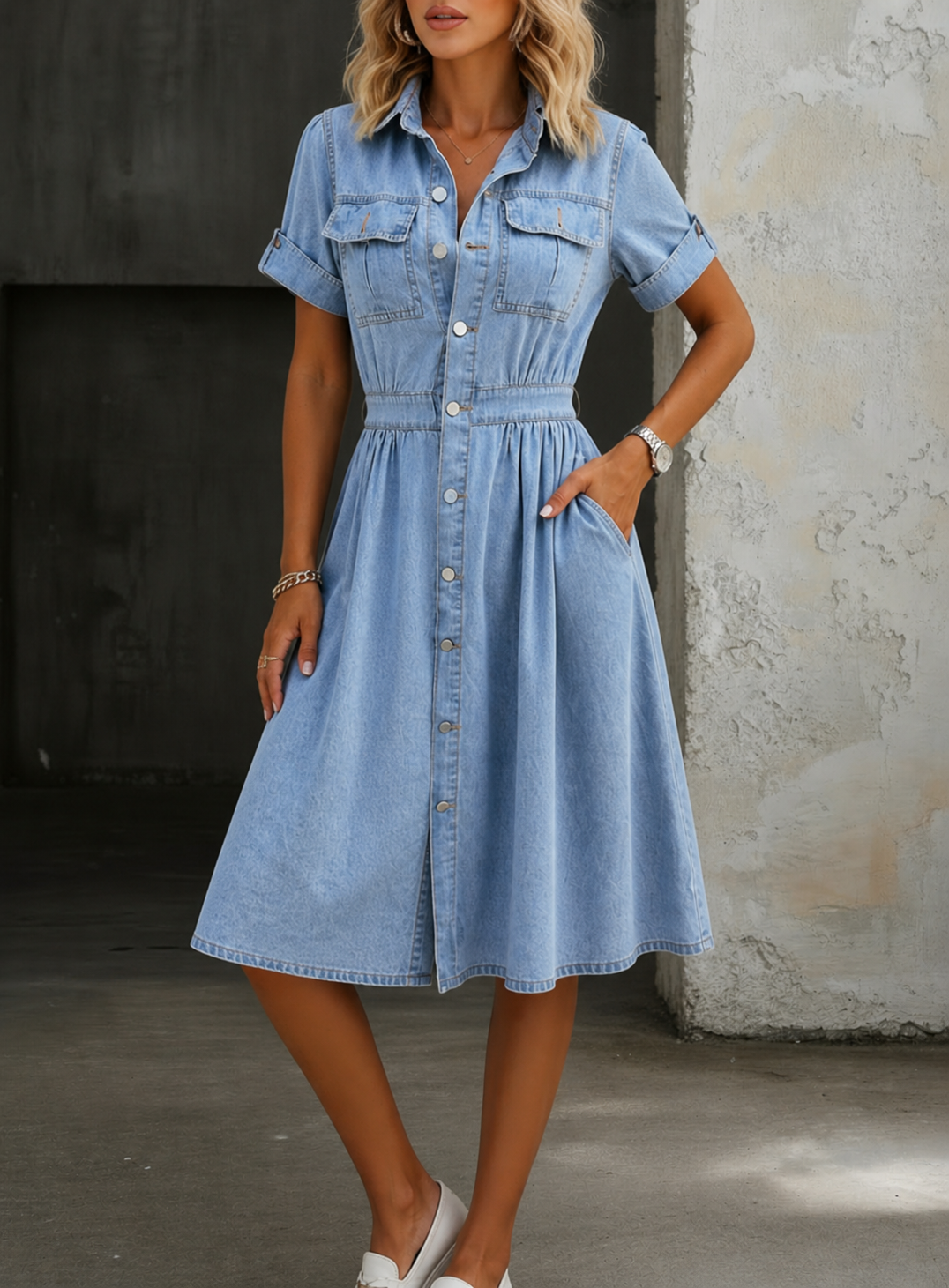 Short Sleeve Denim Dress with Relaxed Fit and Breathable Stretch Fabric