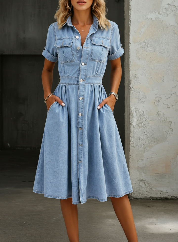Short Sleeve Denim Dress with Relaxed Fit and Breathable Stretch Fabric