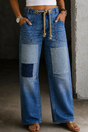 Patchwork Drawstring Jeans with Adjustable Waist and Relaxed Fit, Mid-Rise