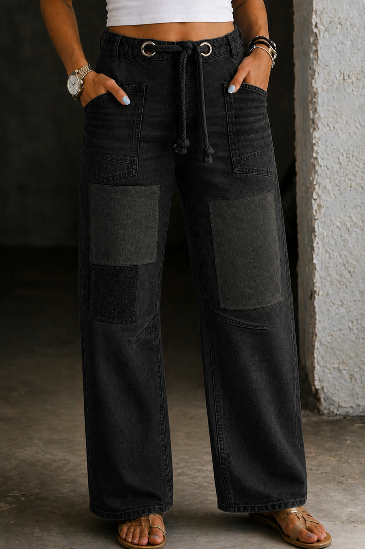 Patchwork Drawstring Jeans with Adjustable Waist and Relaxed Fit, Mid-Rise