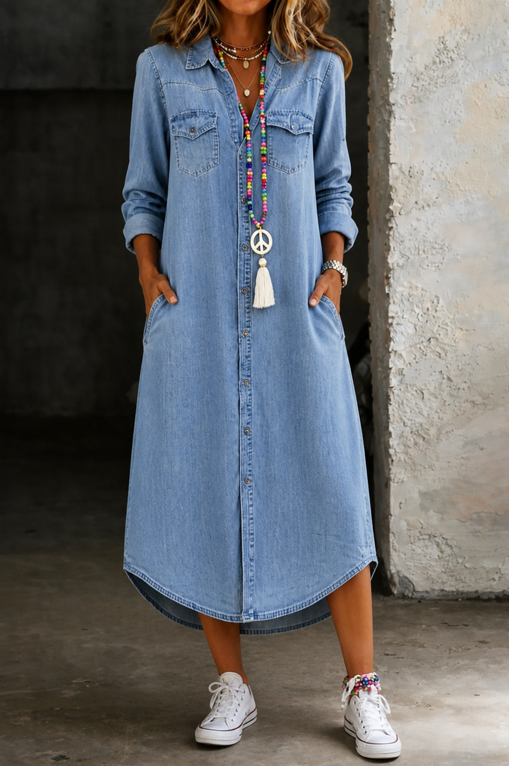 Long Denim Shirt Dress with Relaxed Fit and Breathable Fabric