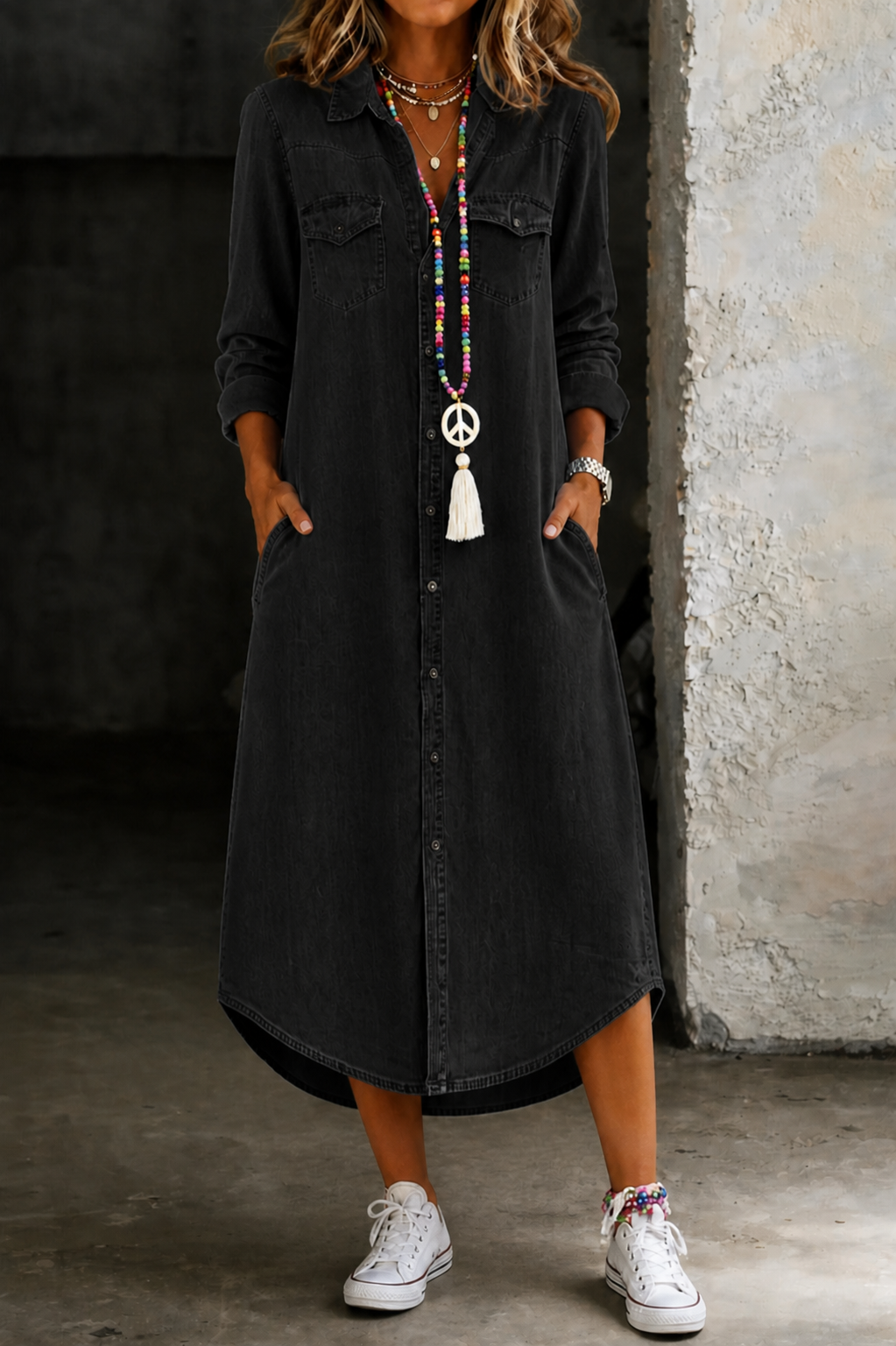 Long Denim Shirt Dress with Relaxed Fit and Breathable Fabric