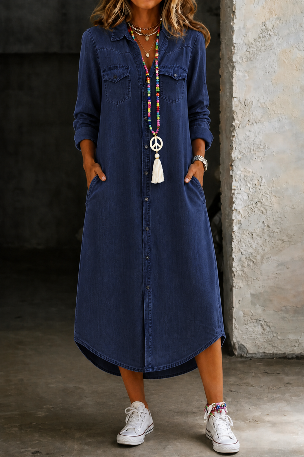 Long Denim Shirt Dress with Relaxed Fit and Breathable Fabric