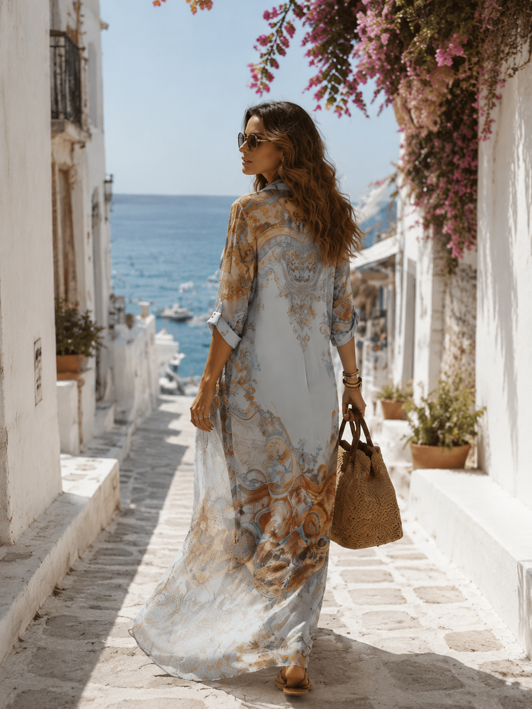 Blue Print Midi Shirt Dress with Self-Tie Belt and Roll-Up Sleeves