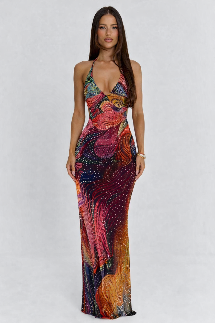 Crystal Embellished Floor-Length Evening Dress with Mesh Overlay and Body-Skimming Silhouette