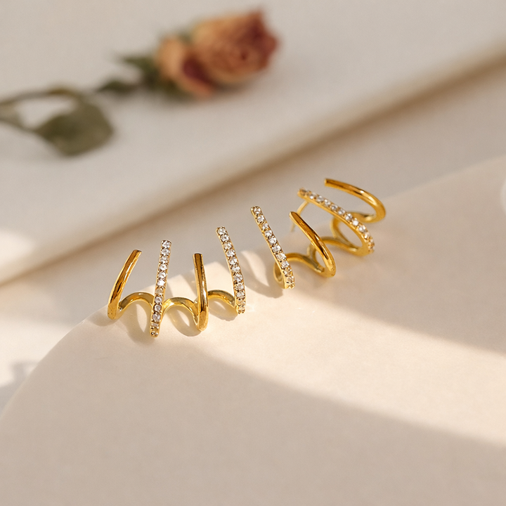 Spiral Wrap Ear Cuff with Zircon Stones, Gold-Plated Copper Alloy