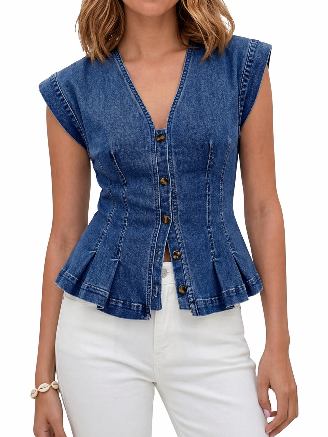 Sleeveless V-Neck Denim Top with Pleated Accents and Tailored Silhouette