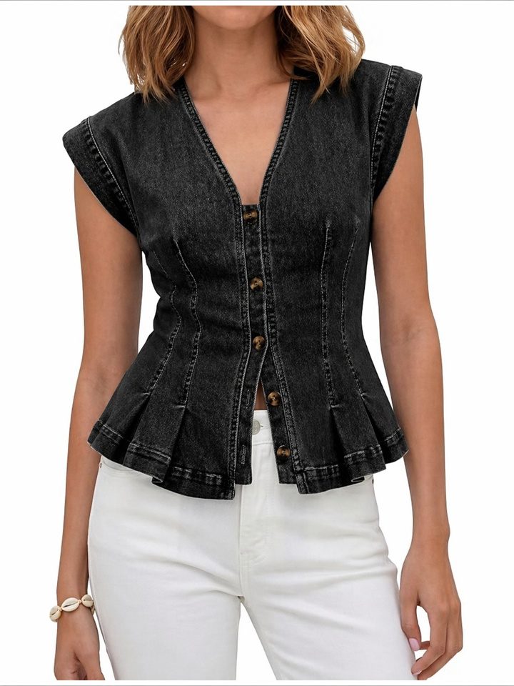 Sleeveless V-Neck Denim Top with Pleated Accents and Tailored Silhouette