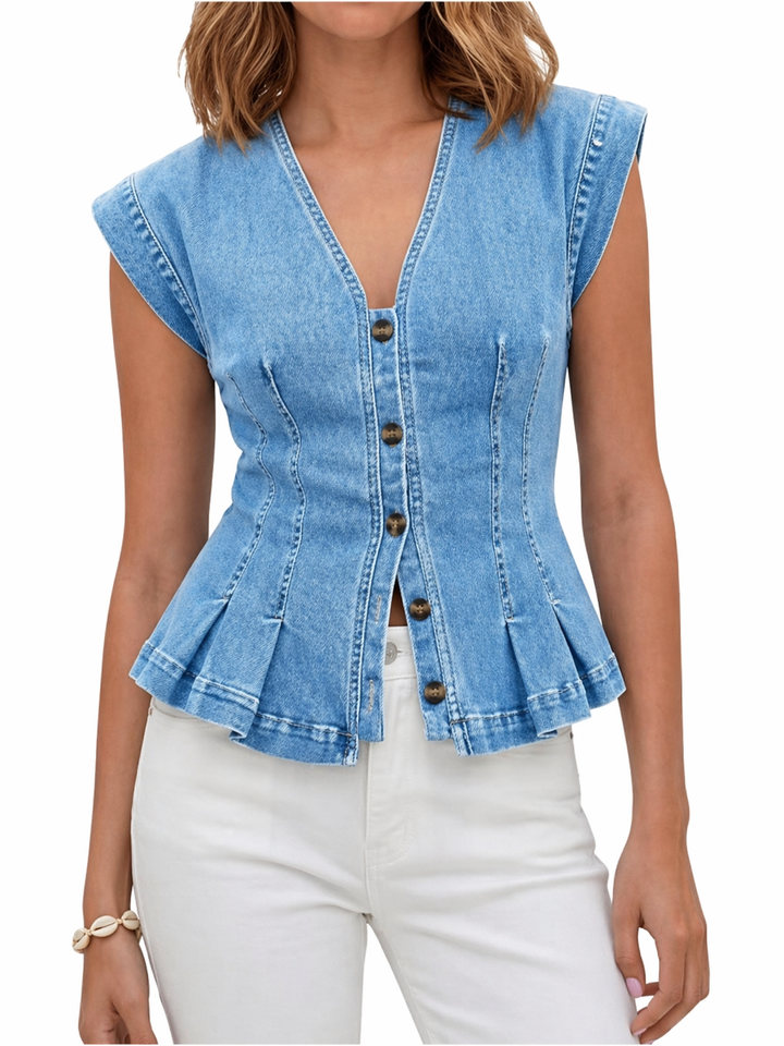 Sleeveless V-Neck Denim Top with Pleated Accents and Tailored Silhouette