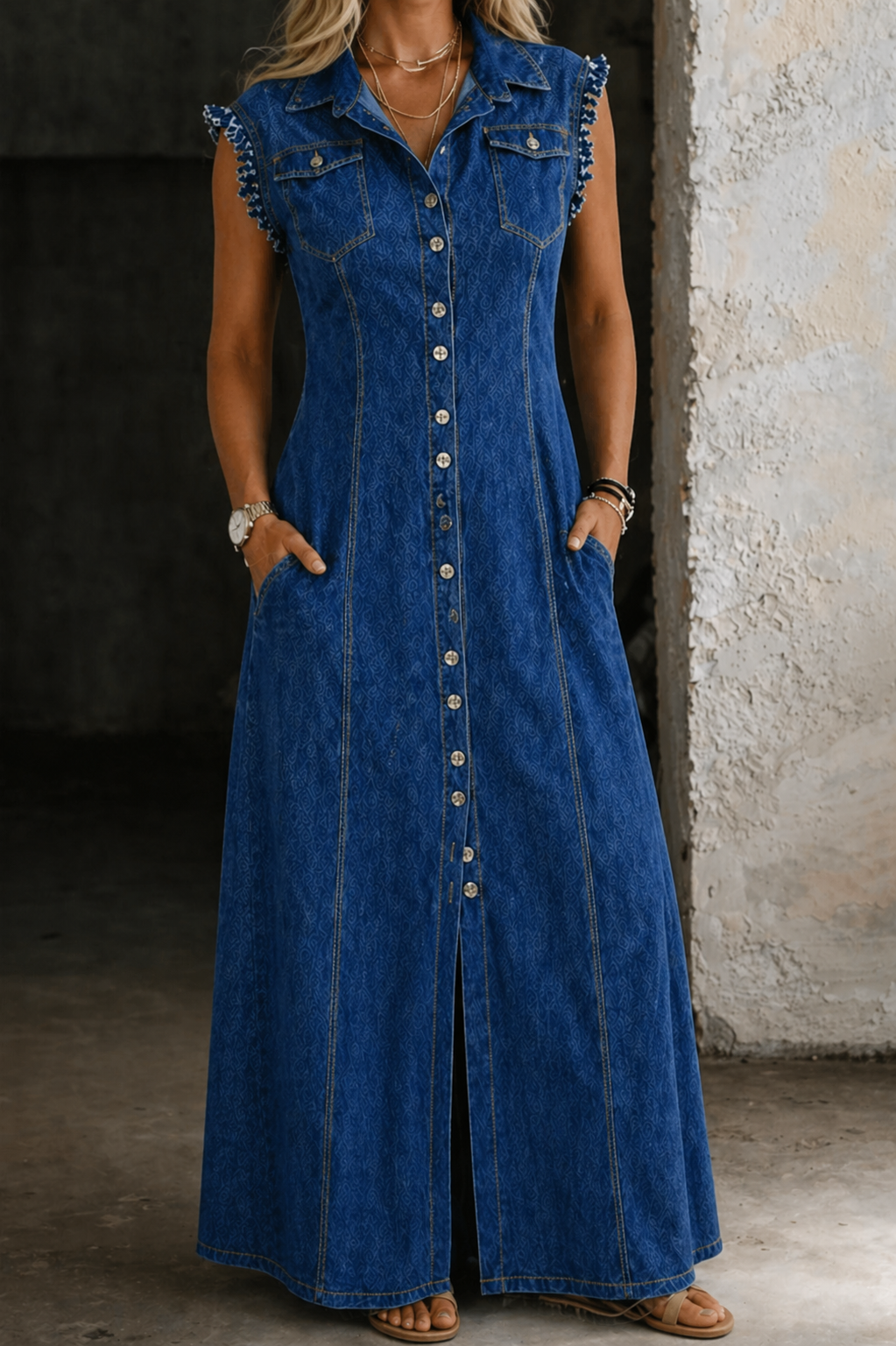 Sleeveless Denim Dress with Button-Front Closure and Turn-Down Collar, Functional Pockets