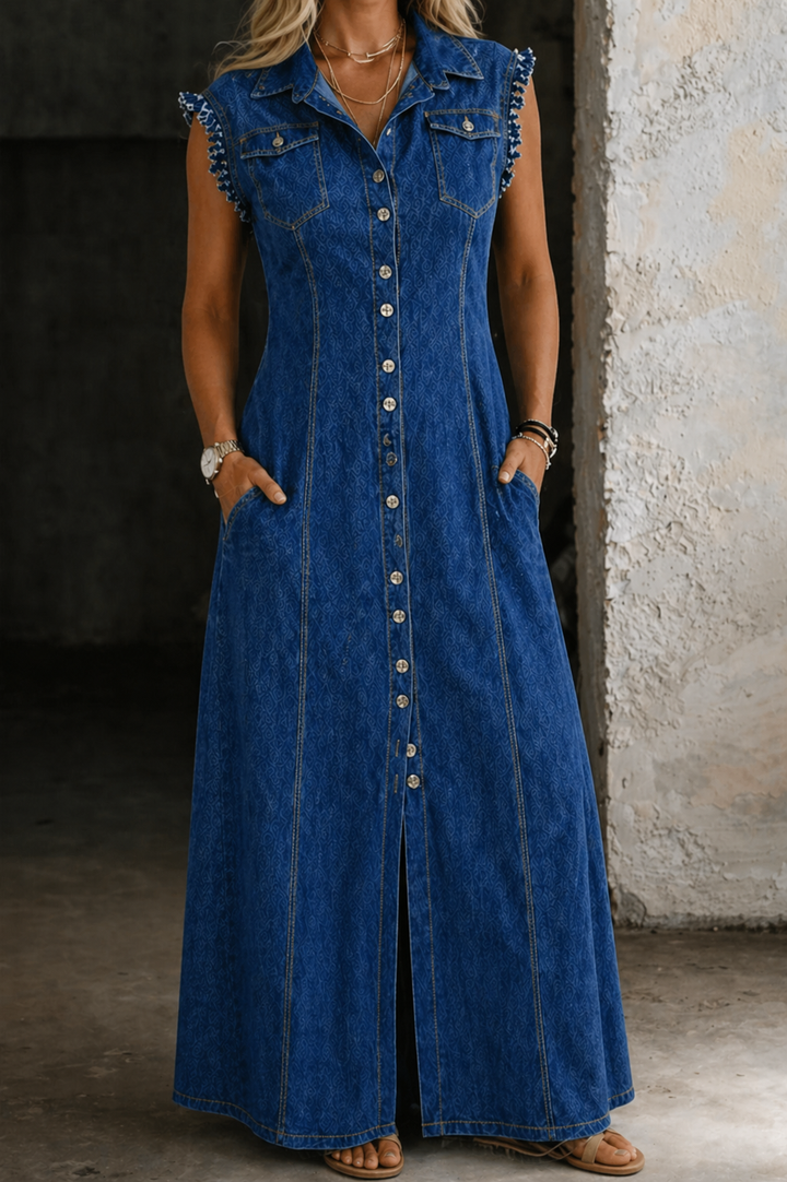 Sleeveless Denim Dress with Button-Front Closure and Turn-Down Collar, Functional Pockets