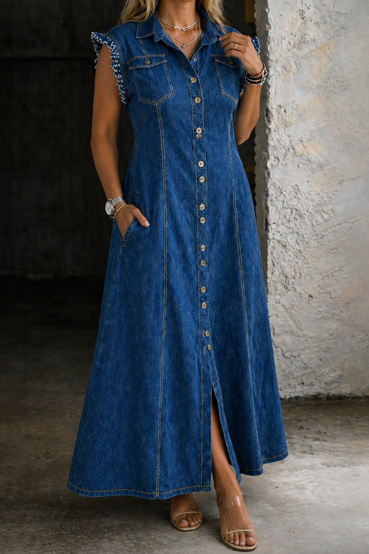 Sleeveless Denim Dress with Button-Front Closure and Turn-Down Collar, Functional Pockets