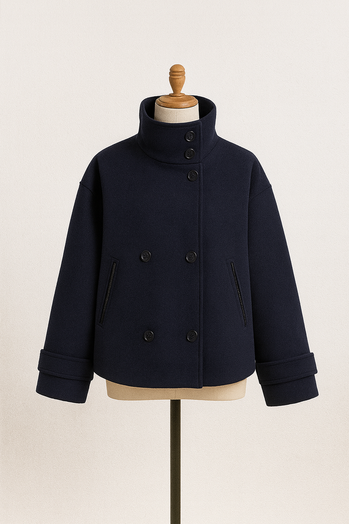 Women's Cropped Coat with Double-Breasted Button Front and Structured Shoulders