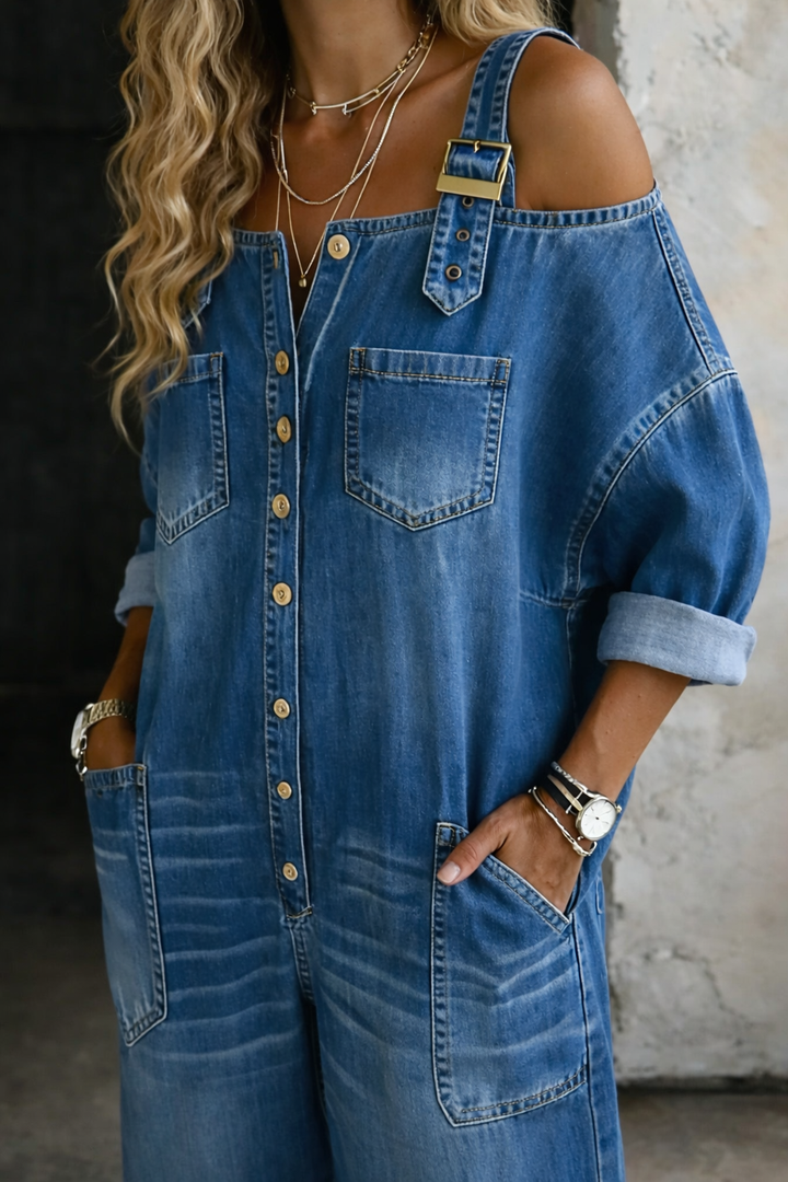 Sleeveless Denim Dress with Square Neckline and Side Pockets
