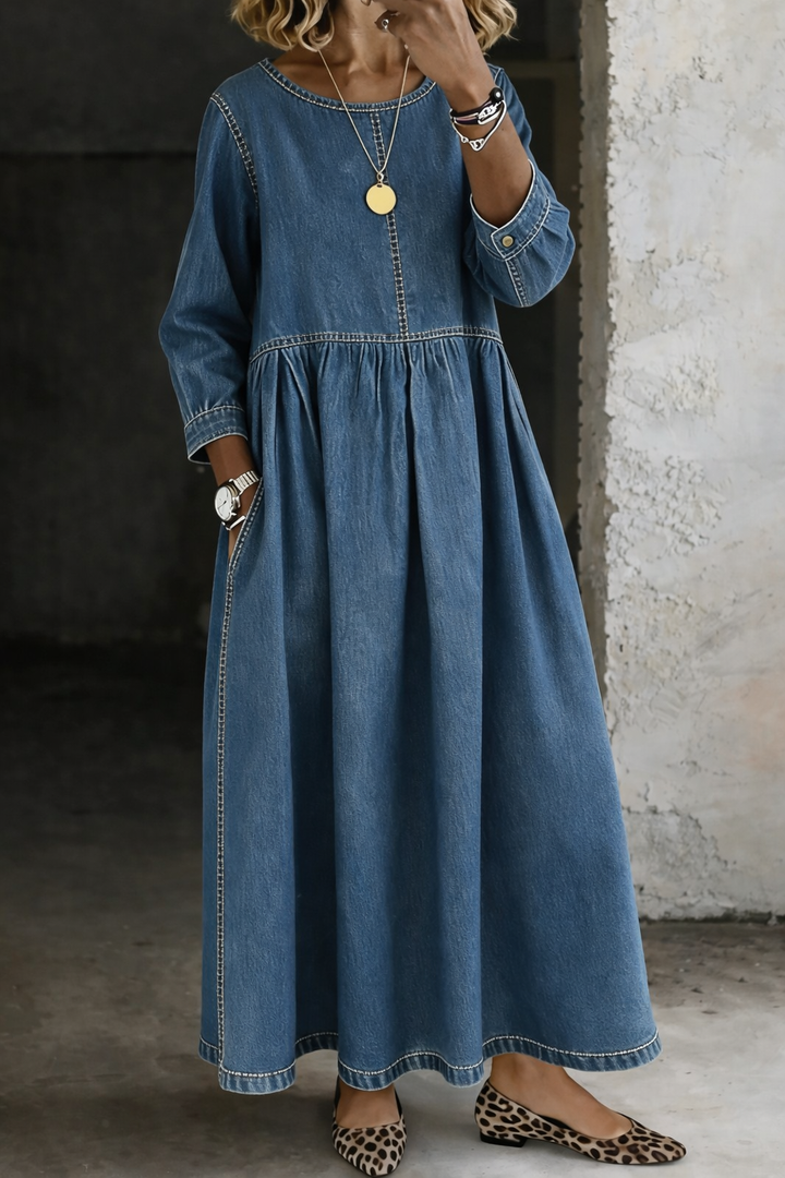 Long Sleeve Denim Dress with Round Neckline and Structured Fit